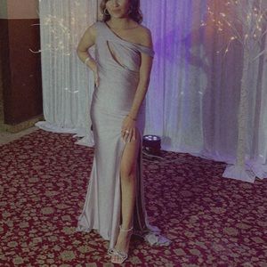 Mauve off the shoulder dress.